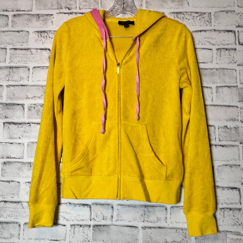 Juicy Couture Vibrant Yellow Hoodie pink accents zip up hoodie Sz. S pockets